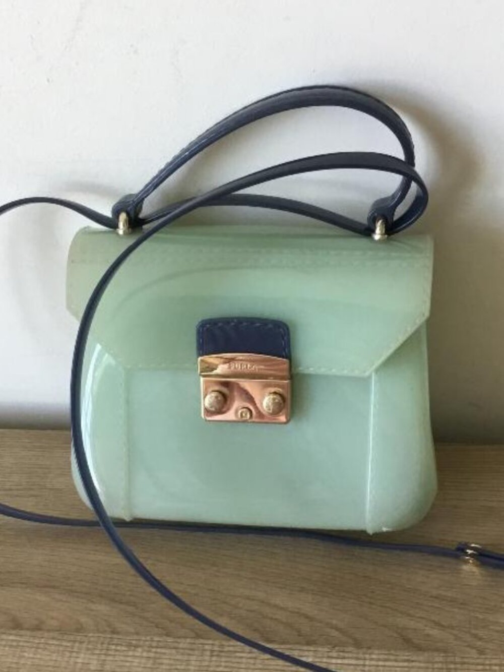 Furla Mint Green Jelly Top-Handle with Navy Blue Crossbody Strap Bag EUC